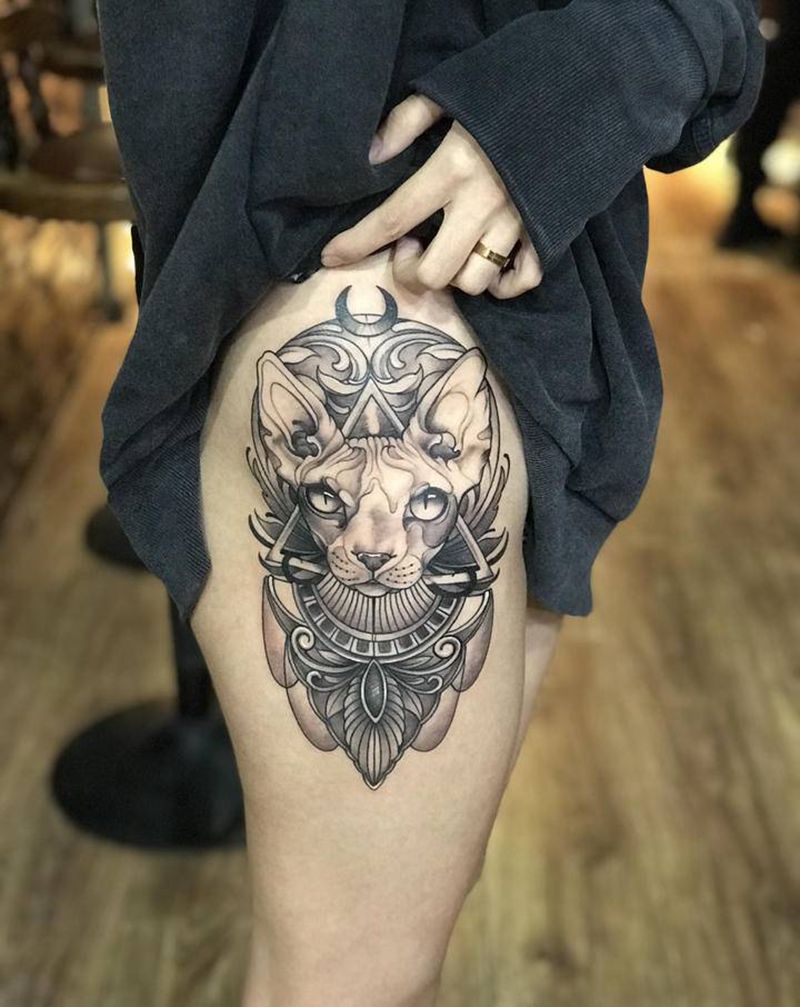 无毛猫纹身图片_腿部纹身图案