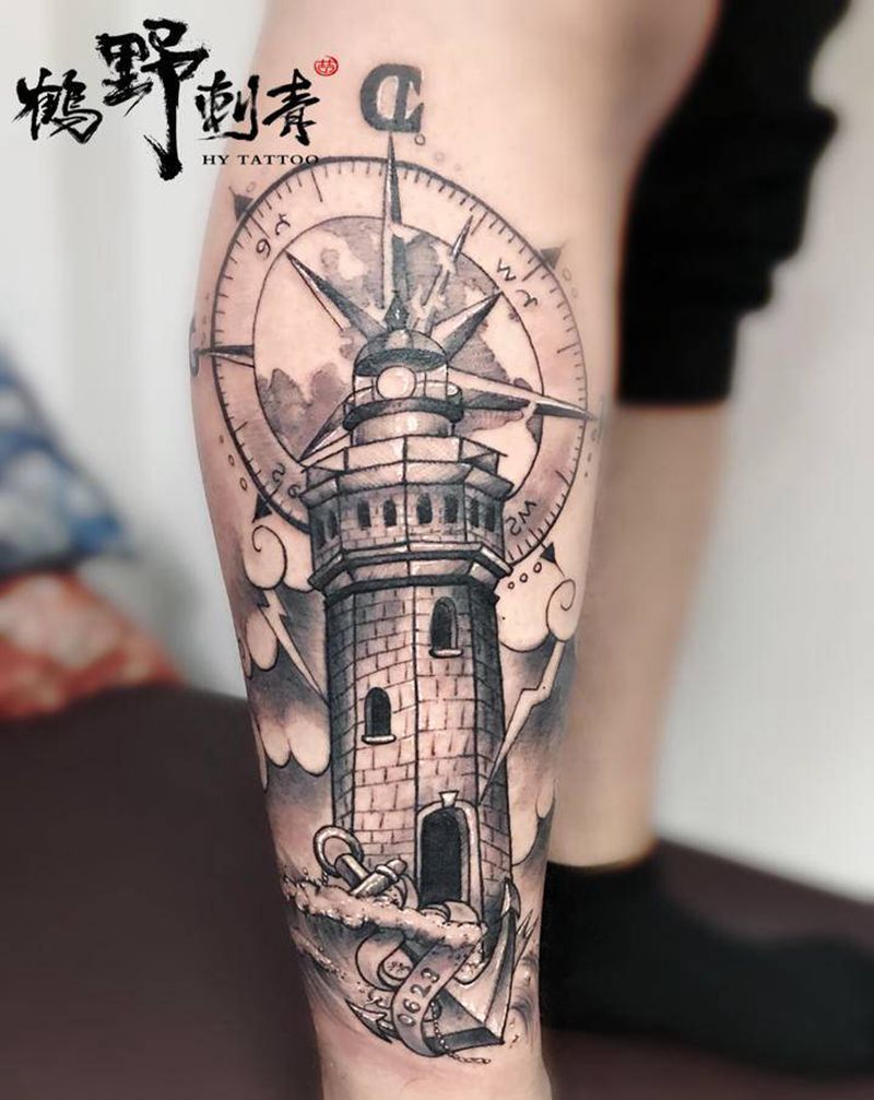 灯塔纹身图片_腿部几何纹身图案