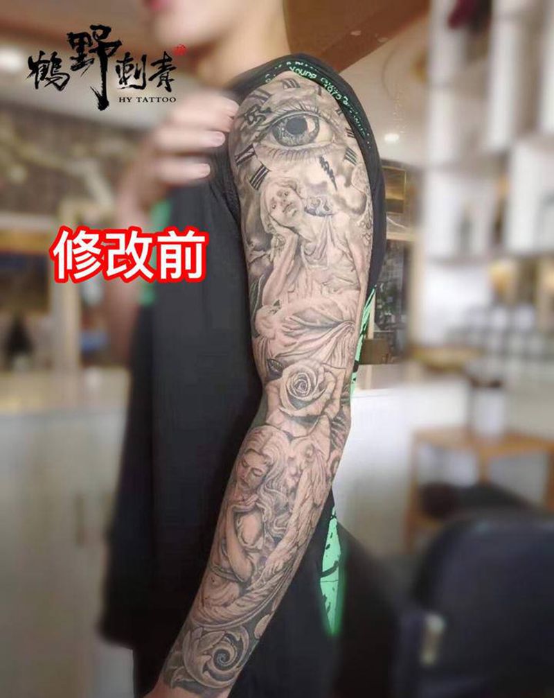 欧美花臂纹身图片_手臂欧美写实死神天使玫瑰纹身图案