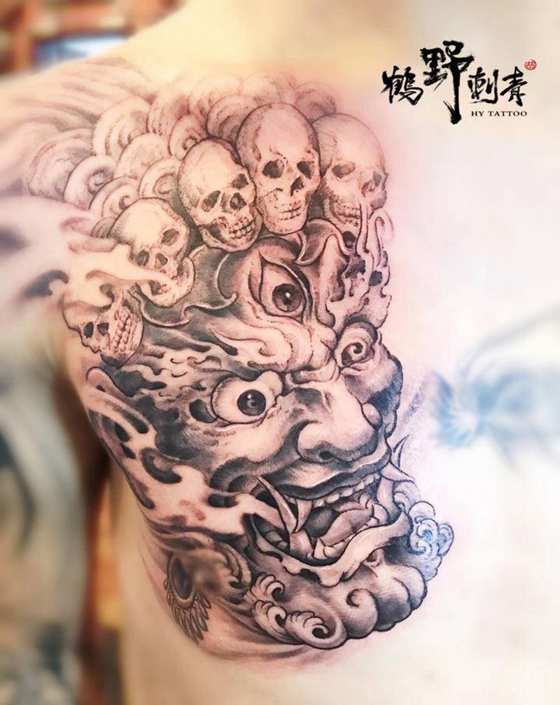 大黑天神纹身图片_胸部新传统大黑天神纹身图案