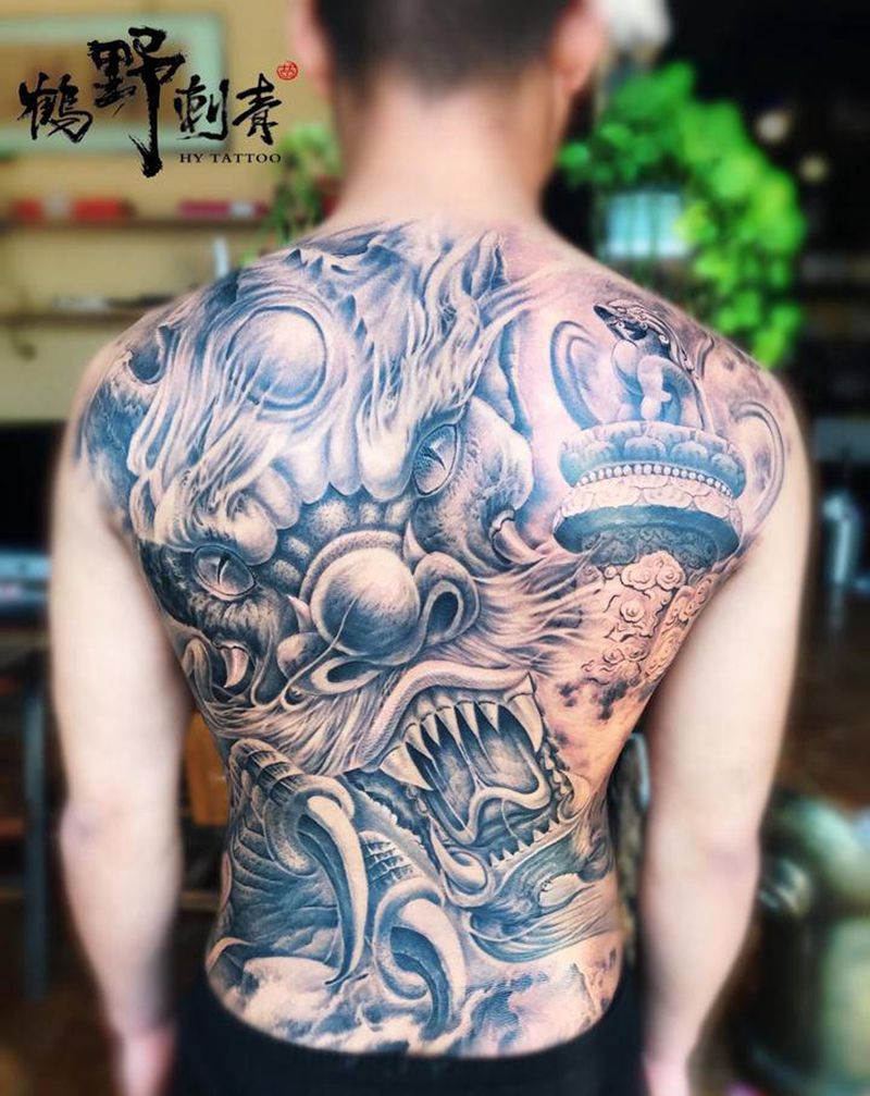 龙游华夏5纹身图片_背部新传统龙华表山水纹身图案
