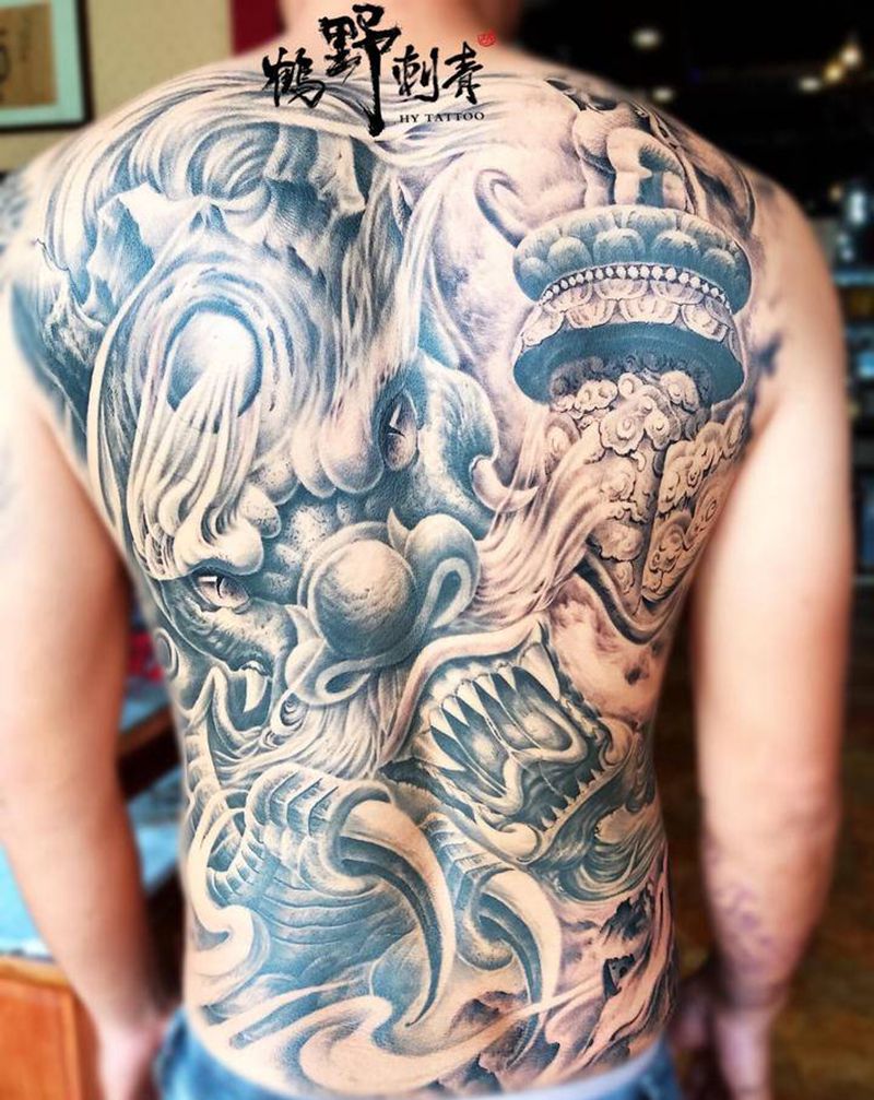 龙游华夏6纹身图片_背部新传统龙华表长城纹身图案
