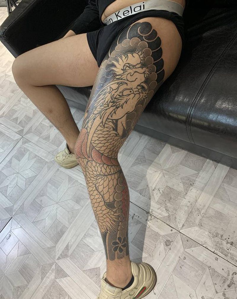 进度纹身图片_腿部老传统纹身图案