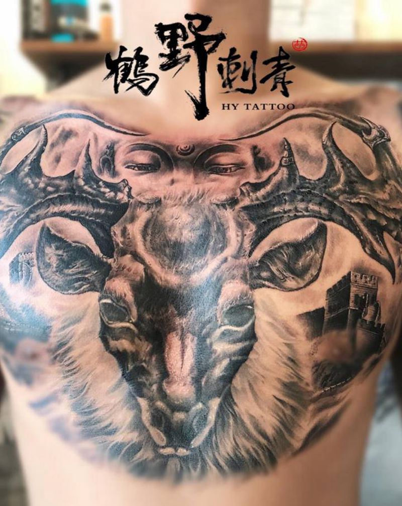 角鹿纹身图片_胸部新传统角鹿长城佛纹身图案