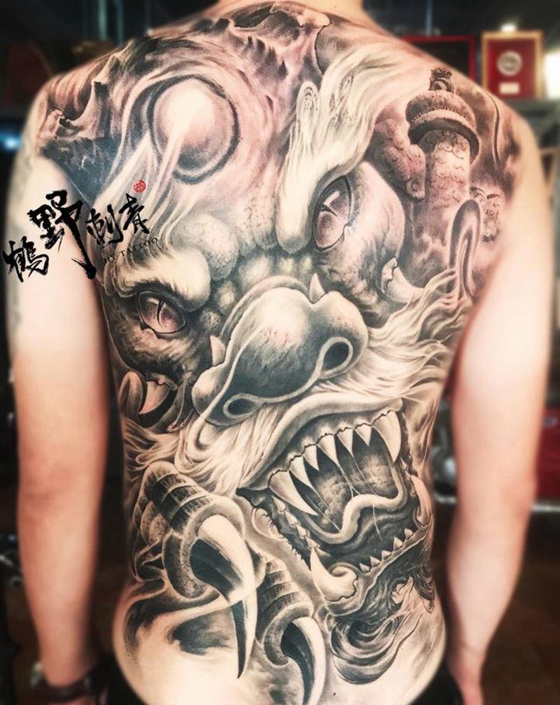 龙游华夏9纹身图片_背部新传统龙华表纹身图案