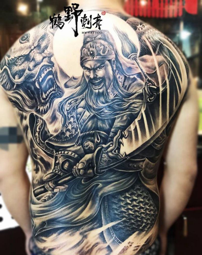 关公纹身图片_背部新传统关羽龙纹身图案