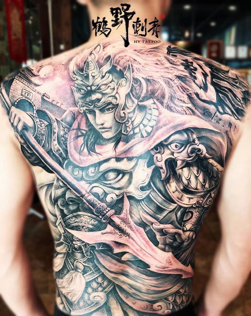 赵云2纹身图片_背部新传统赵云城楼纹身图案