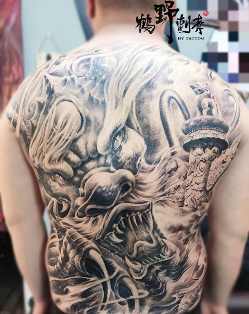 龙游华夏12纹身图片_背部新传统龙华表纹身图案