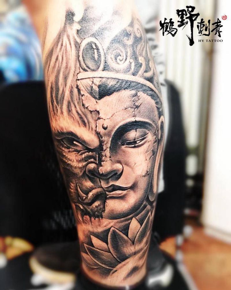 一念纹身图片_腿部新传统佛魔纹身图案