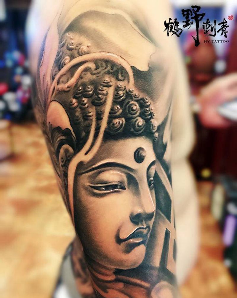花臂 佛纹身图片_手臂新传统佛唐狮城楼纹身图案
