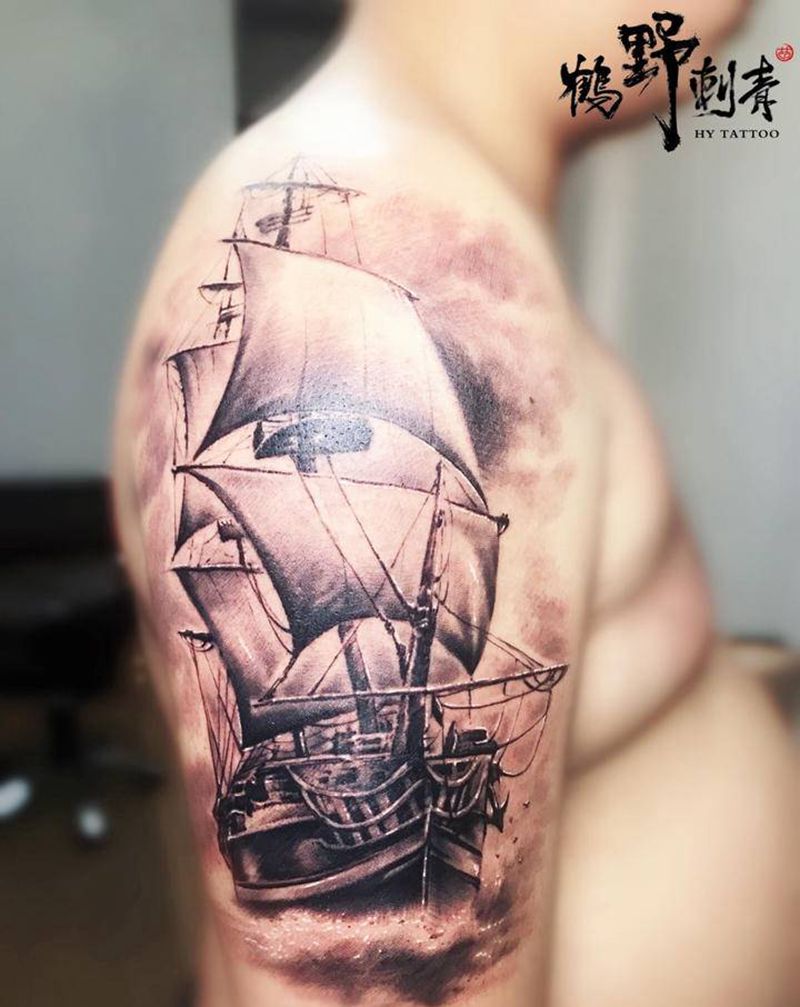 帆船纹身图片_手臂欧美写实帆船海浪纹身图案