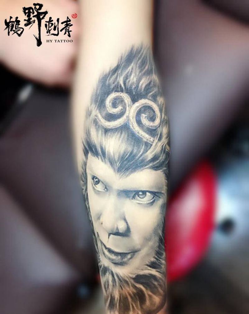 大话西游纹身图片_手臂新传统至尊宝牛魔王紫霞仙子纹身图案