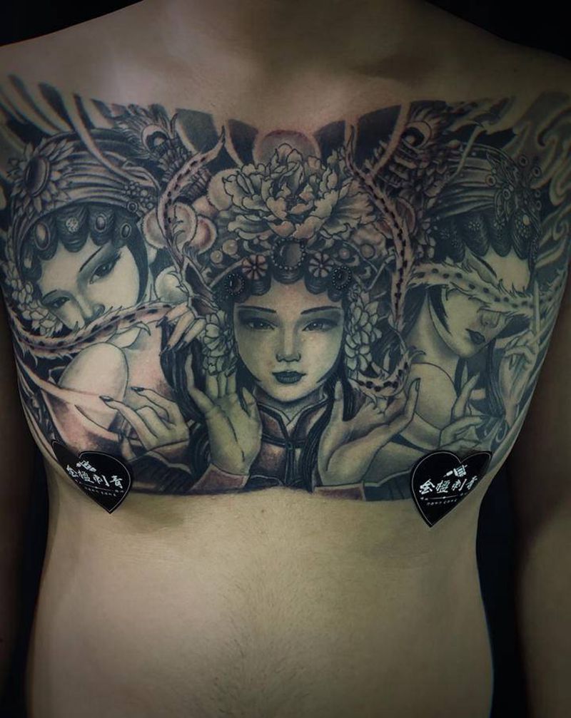 花旦前胸纹身图片_胸部颈部新传统老传统美女花旦艺妓纹身图案