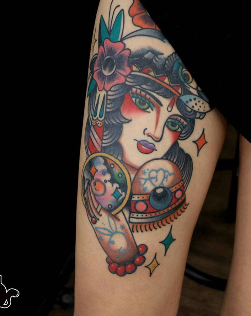 遮盖了纹身图片_腿部Old School纹身图案