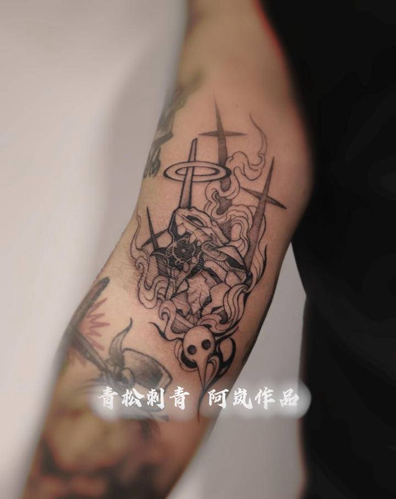 新世纪福音战士纹身图片_手臂花体字暗黑风纹身图案
