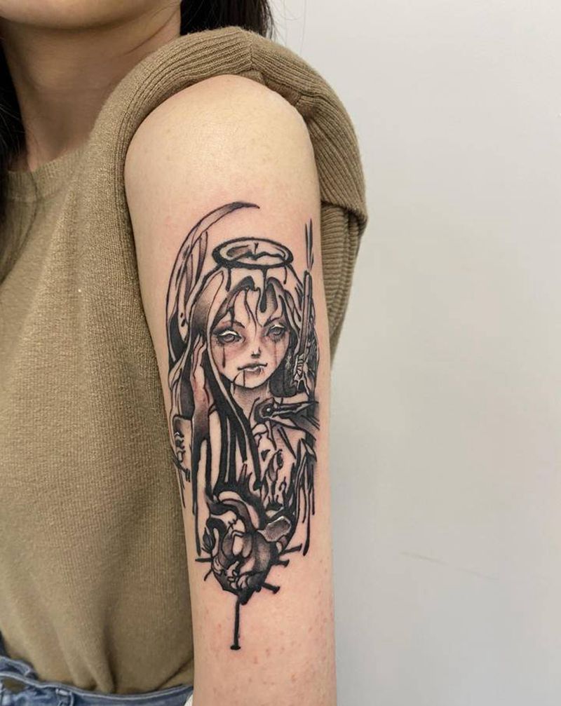 暗黑美女纹身图片_手臂点刺欧美写实纹身图案