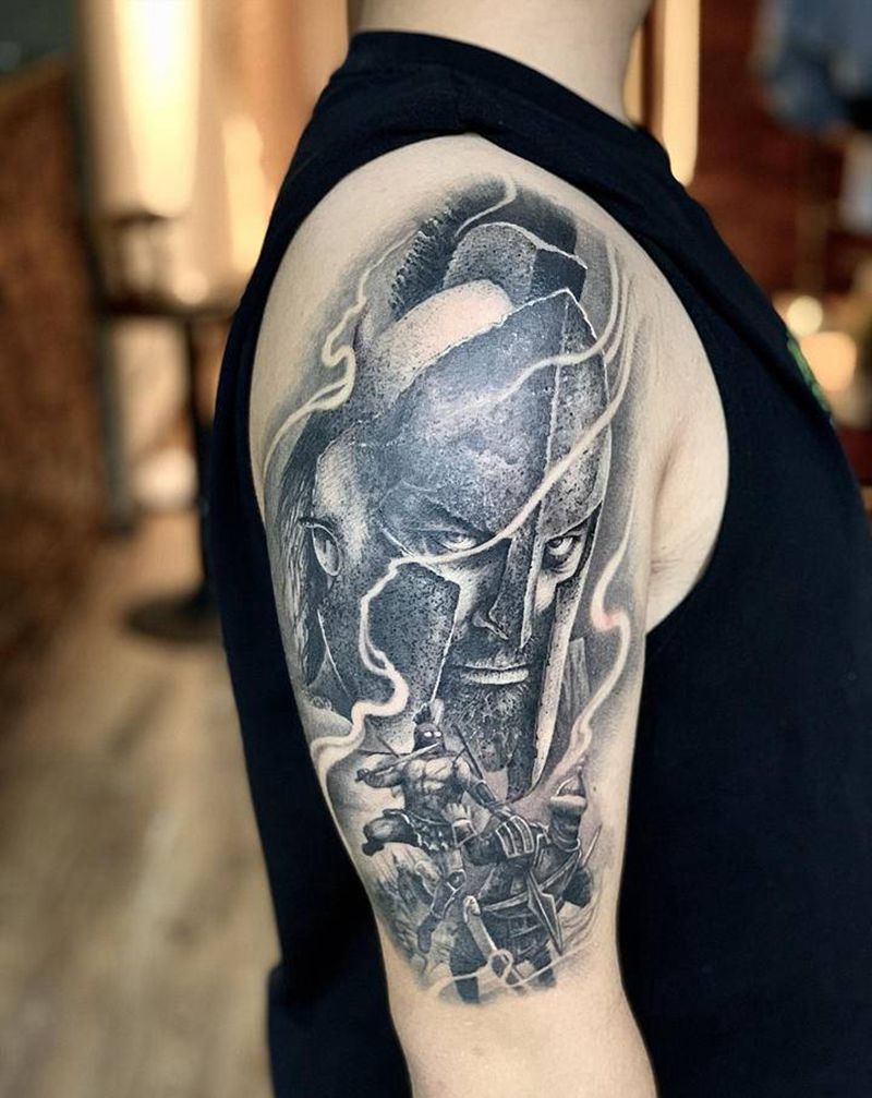 斯巴达纹身图片_手臂欧美写实纹身图案