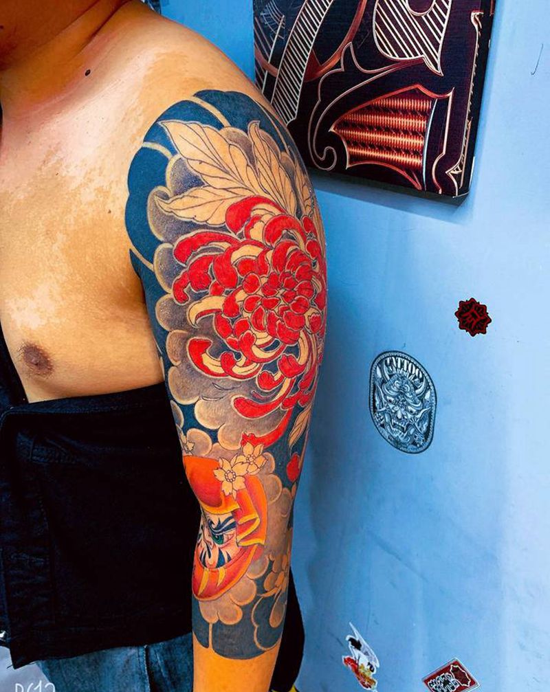 日式七分袖半成品纹身图片_手臂老传统纹身图案