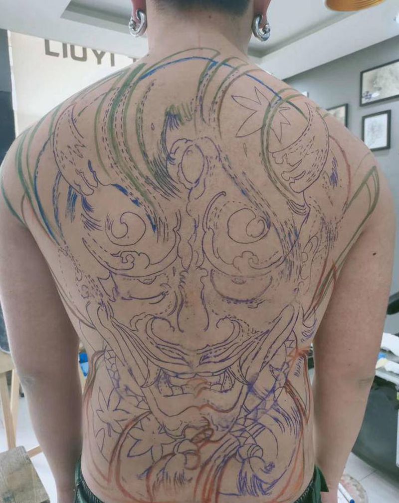 满背般若初步线条（未完待续）纹身图片_背部新传统般若枫叶雾纹身图案