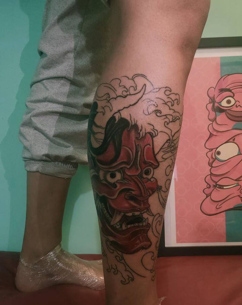 小腿彩色般若（未完待续）纹身图片_腿部新传统般若水纹身图案