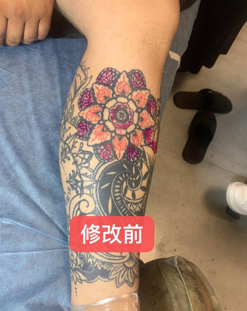 修改小腿梵花纹身图片_腿部点刺几何纹身图案