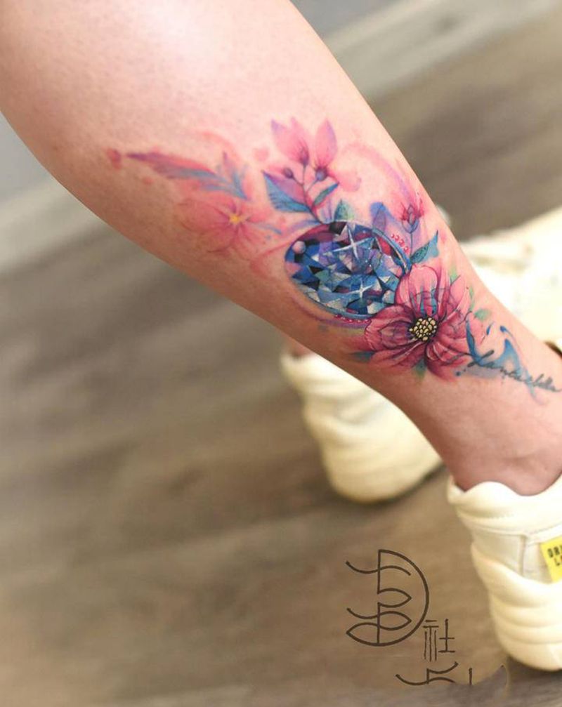 遮盖作品纹身图片_腿部水彩水墨纹身图案