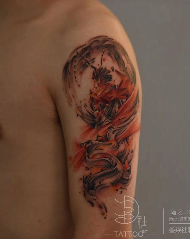 悟空纹身图片_手臂水彩水墨纹身图案