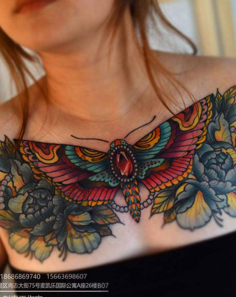 叁柒社花胸作品纹身图片_胸部New School纹身图案