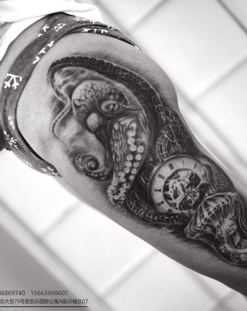 欧美大腿纹身图片_腿部欧美写实纹身图案