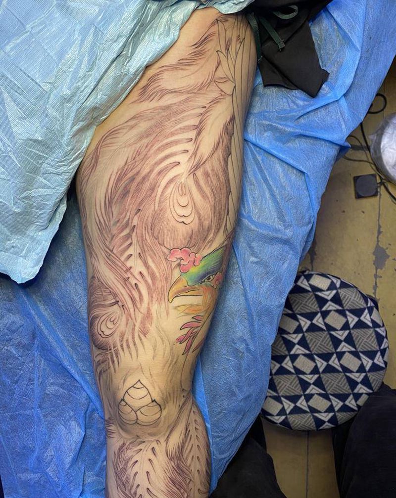 凤凰纹身图片_腿部新传统纹身图案