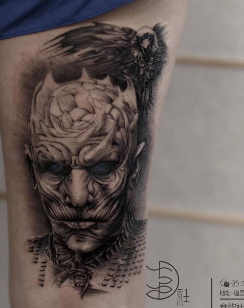 夜王纹身图片_腿部欧美写实纹身图案