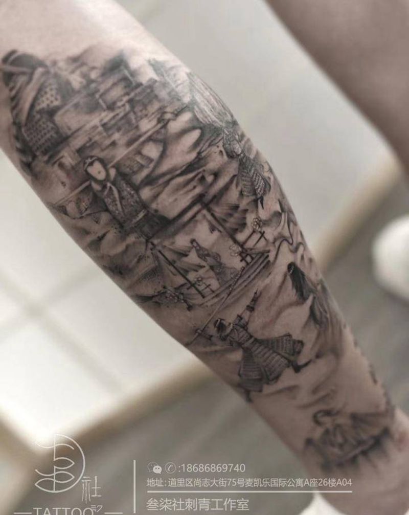 西游纹身图片_脚部腿部几何水墨纹身图案