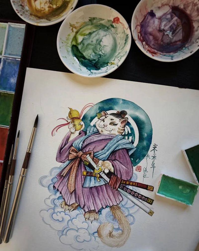 三刀流纹身图片_手臂水彩New School纹身图案