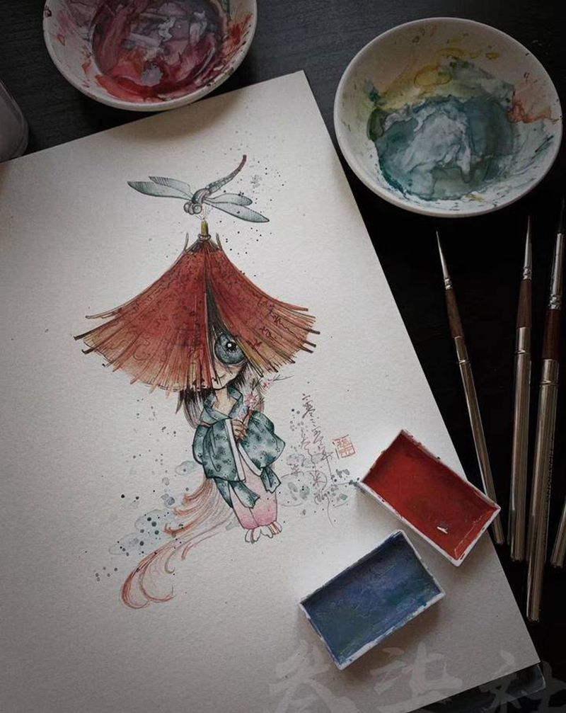 伞妖纹身图片_手臂水墨水彩纹身图案