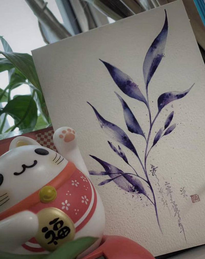 叶纹身图片_手臂水彩水墨纹身图案