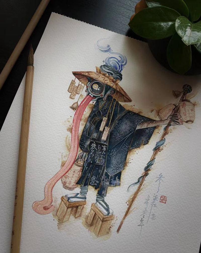 腐僧纹身图片_手臂水彩水墨纹身图案