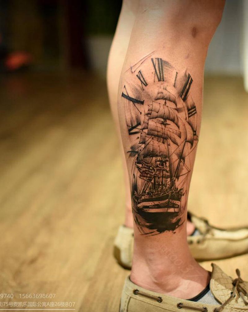 帆船纹身图片_腿部欧美写实纹身图案