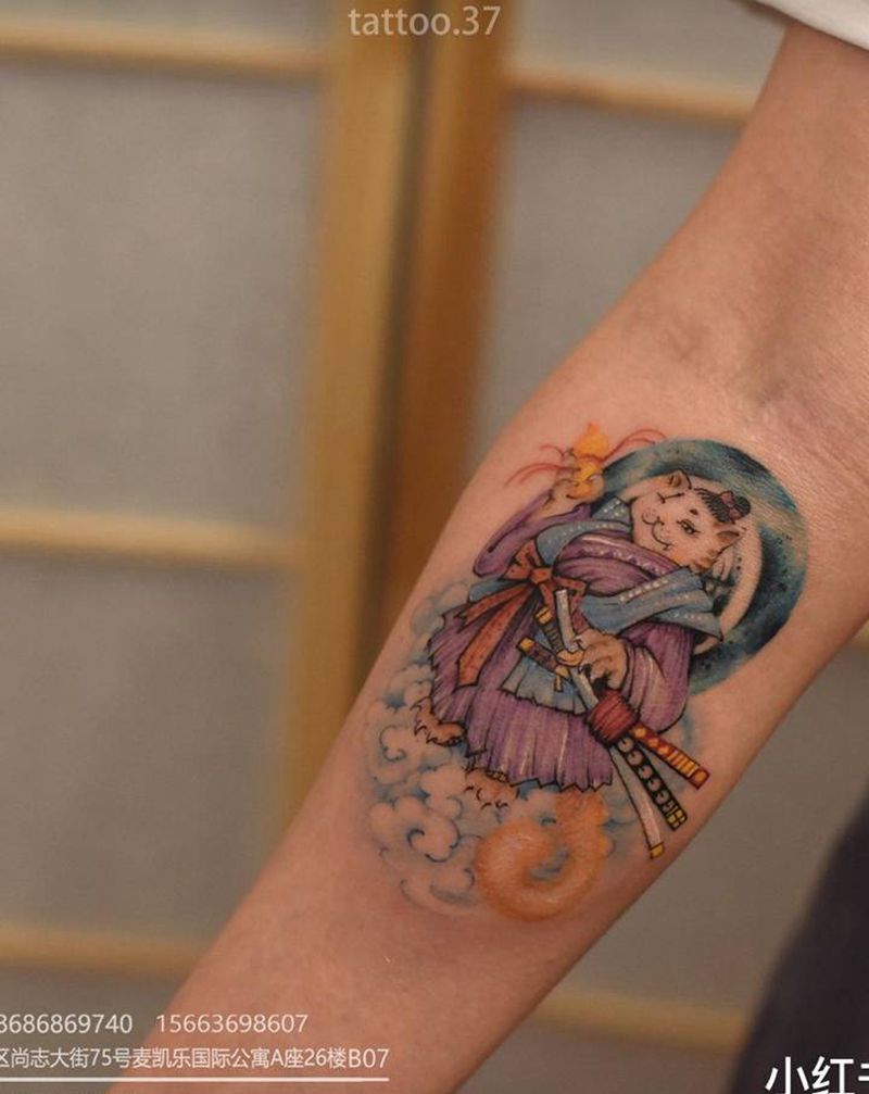 喵纹身图片_手臂New School水彩纹身图案