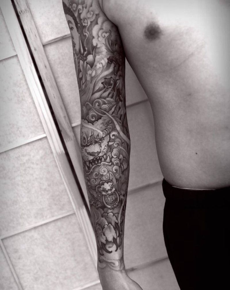 唐狮花臂纹身图片_手臂新传统纹身图案