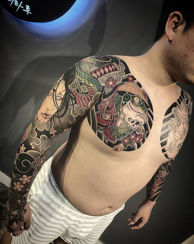 花臂半甲进行中纹身图片_胸部手臂纹身图案