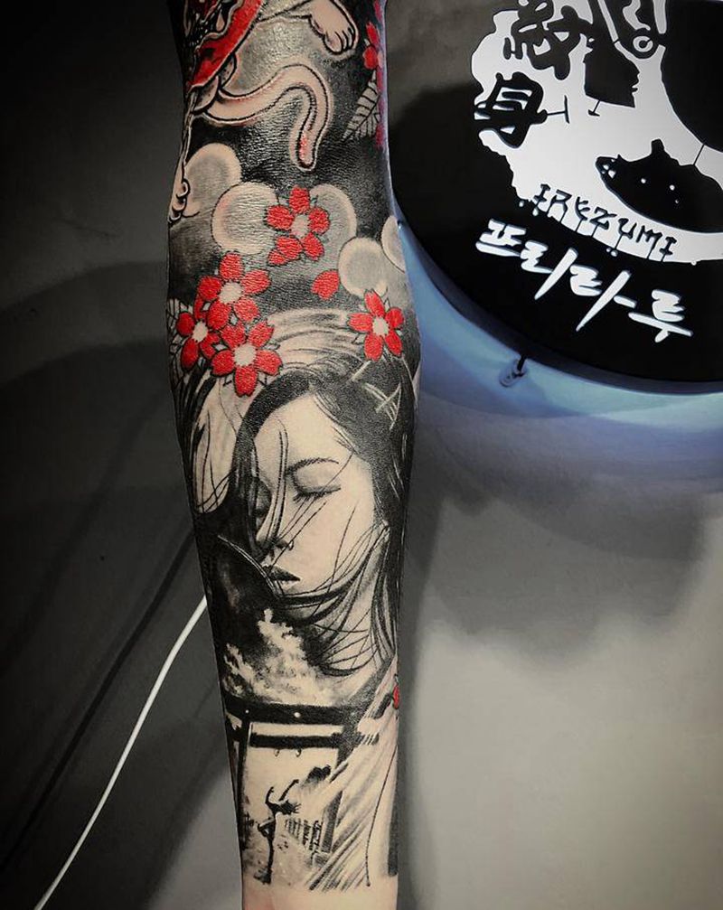 艺妓花臂完成纹身图片_手臂纹身图案