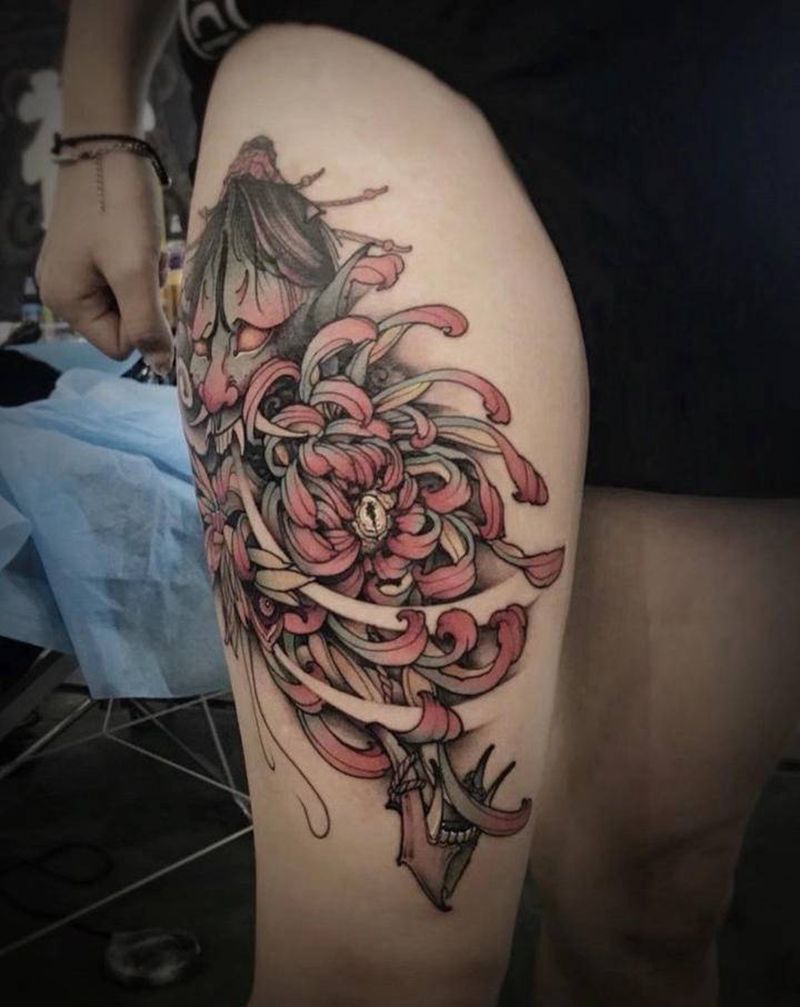 百鬼花妖纹身图片_腿部新传统纹身图案
