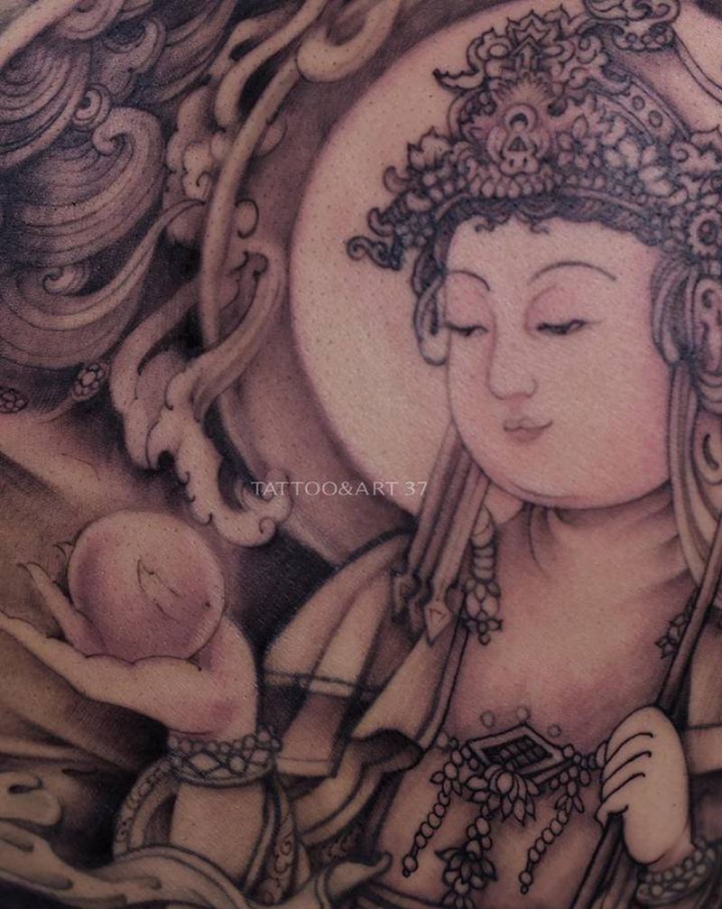 一面佛纹身图片_背部新传统纹身图案