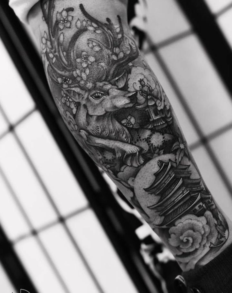 福禄纹身图片_腿部新传统纹身图案