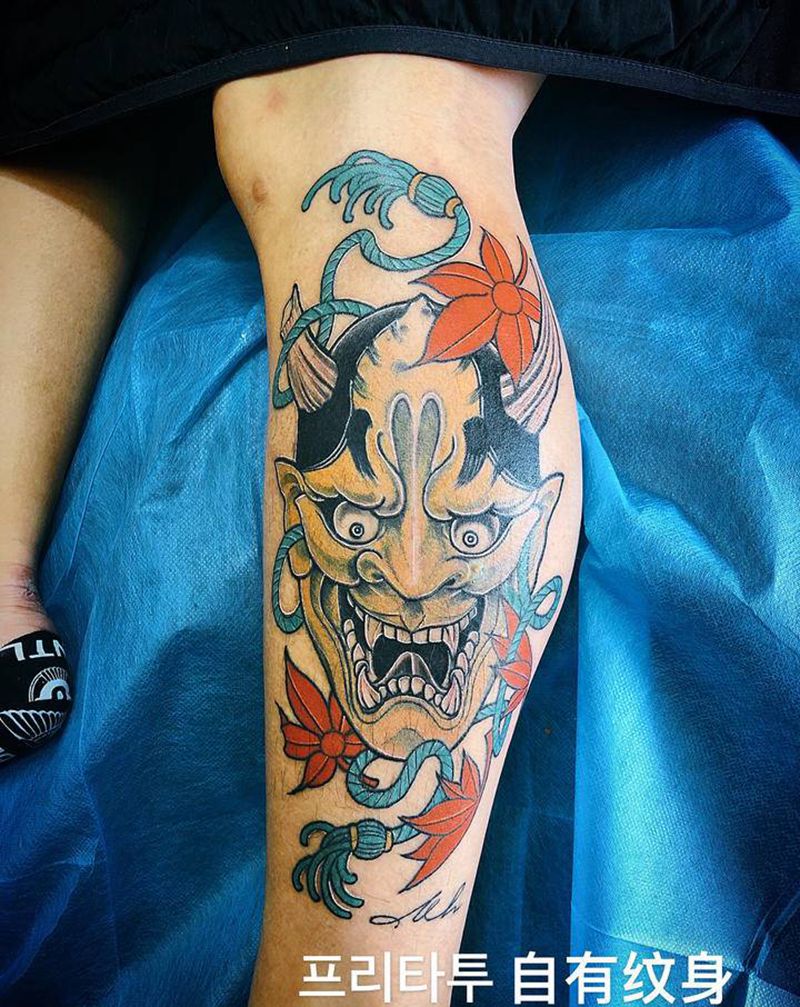 小腿般若完成纹身图片_腿部纹身图案