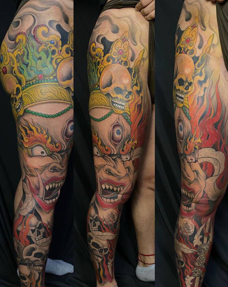 黄财神纹身图片_腿部新传统纹身图案