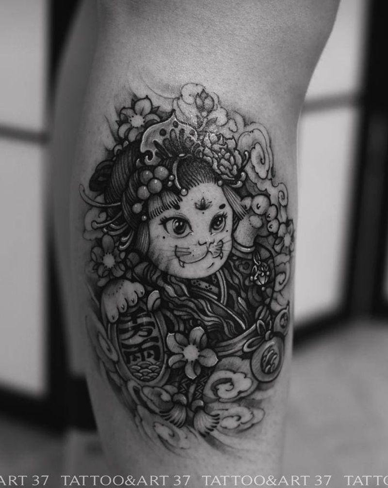 招财猫纹身图片_腿部Old SchoolNew School纹身图案