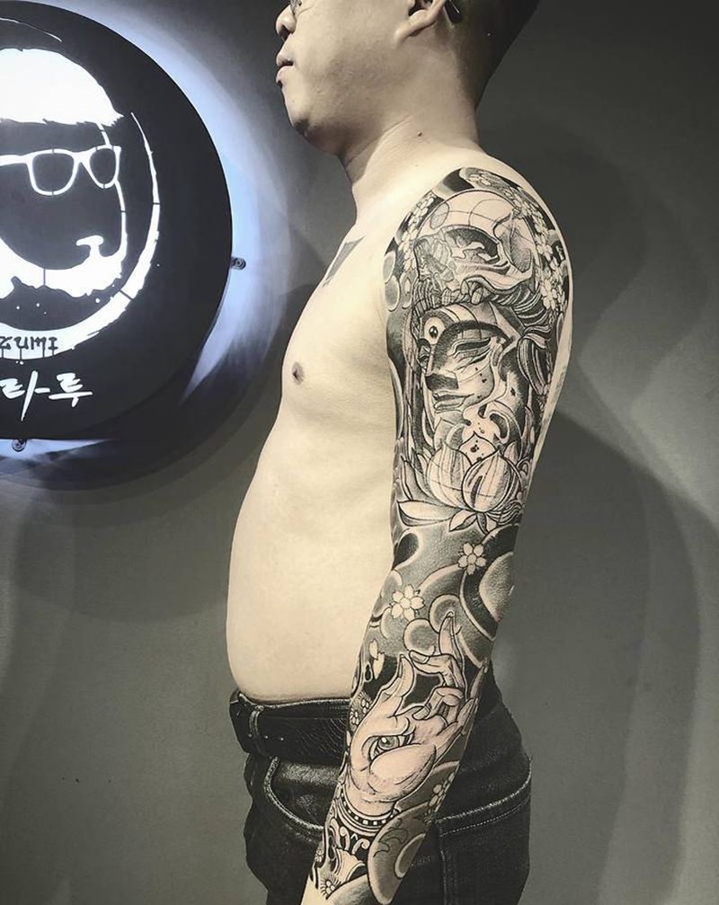 佛系花臂完成纹身图片_手臂纹身图案