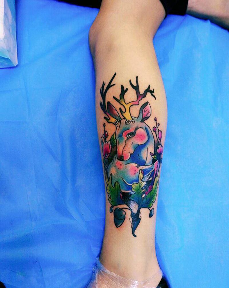 鹿纹身图片_手臂腿部New School鹿纹身图案