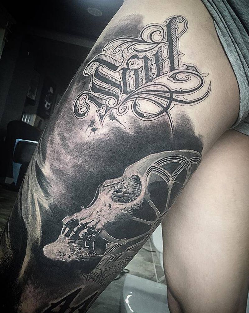 花体加Darkstyle纹身图片_腿部纹身图案